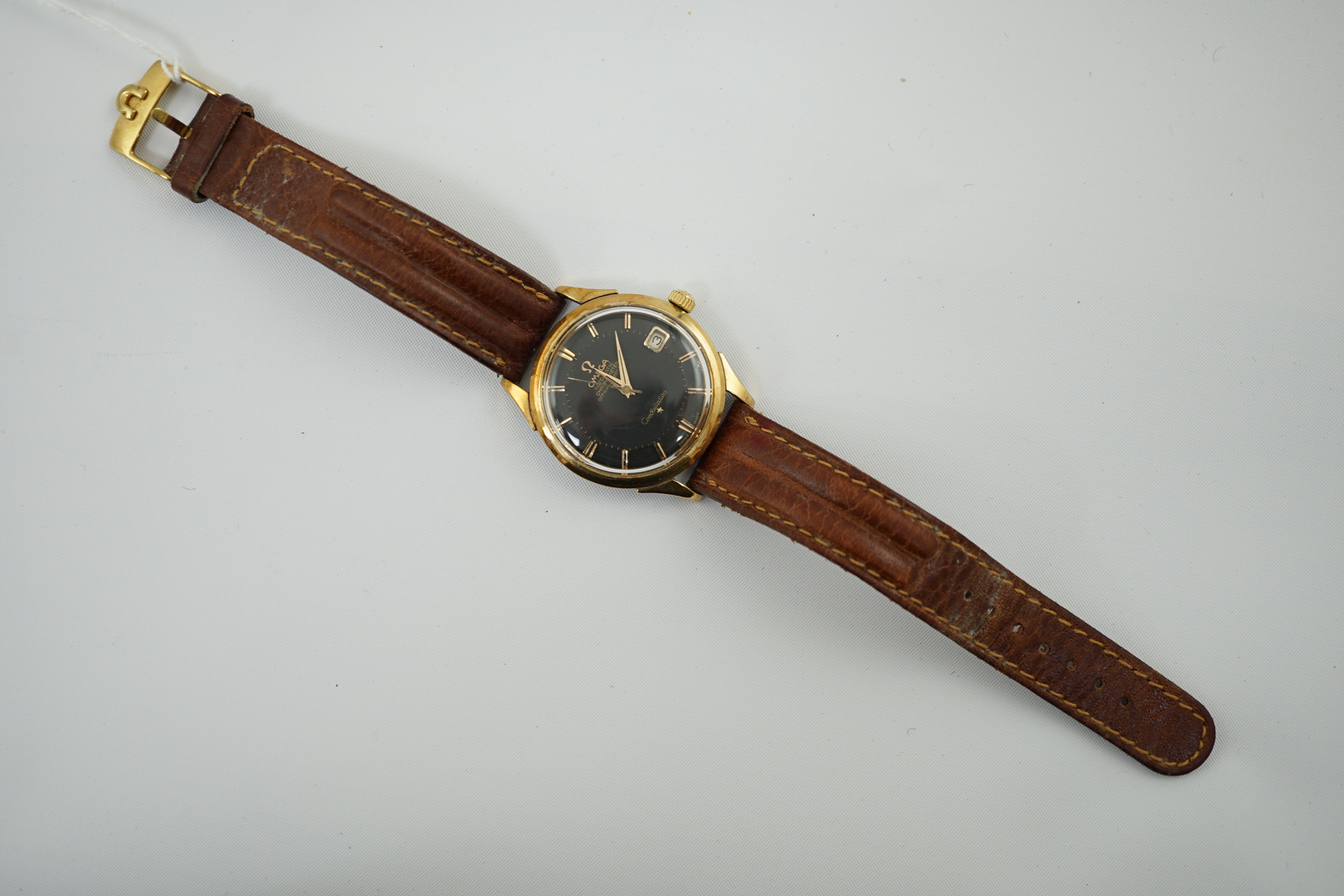 A gentleman's 1960's stainless steel and gold plated Omega Automatic Chronometer Constellation 'pie pan' black dial wrist watch